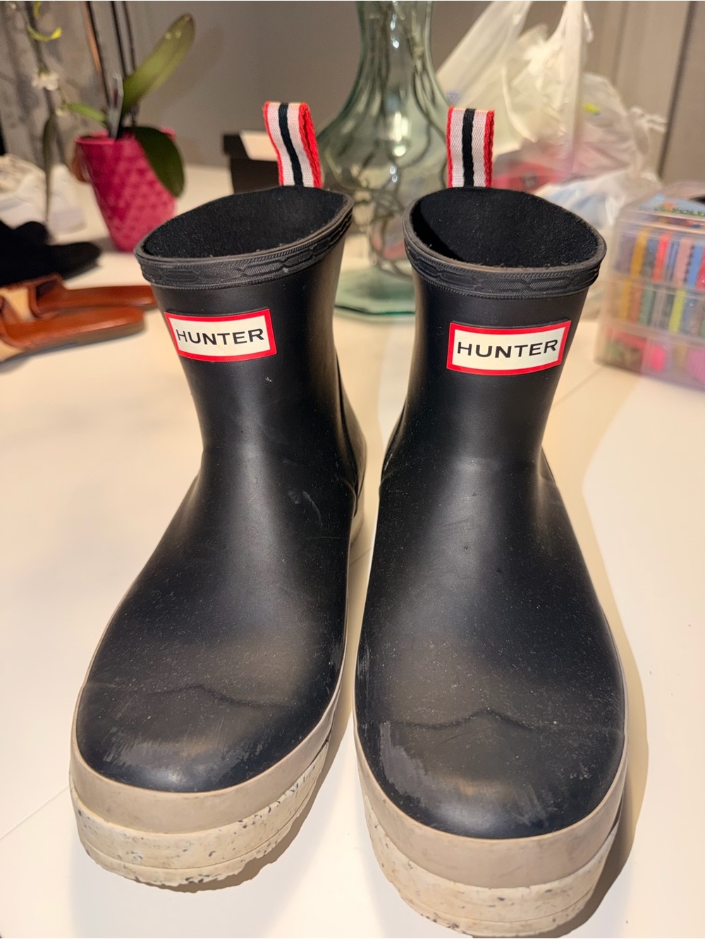 Hunter Women’s Black Rain Boots with Red-Trim Pull Tabs